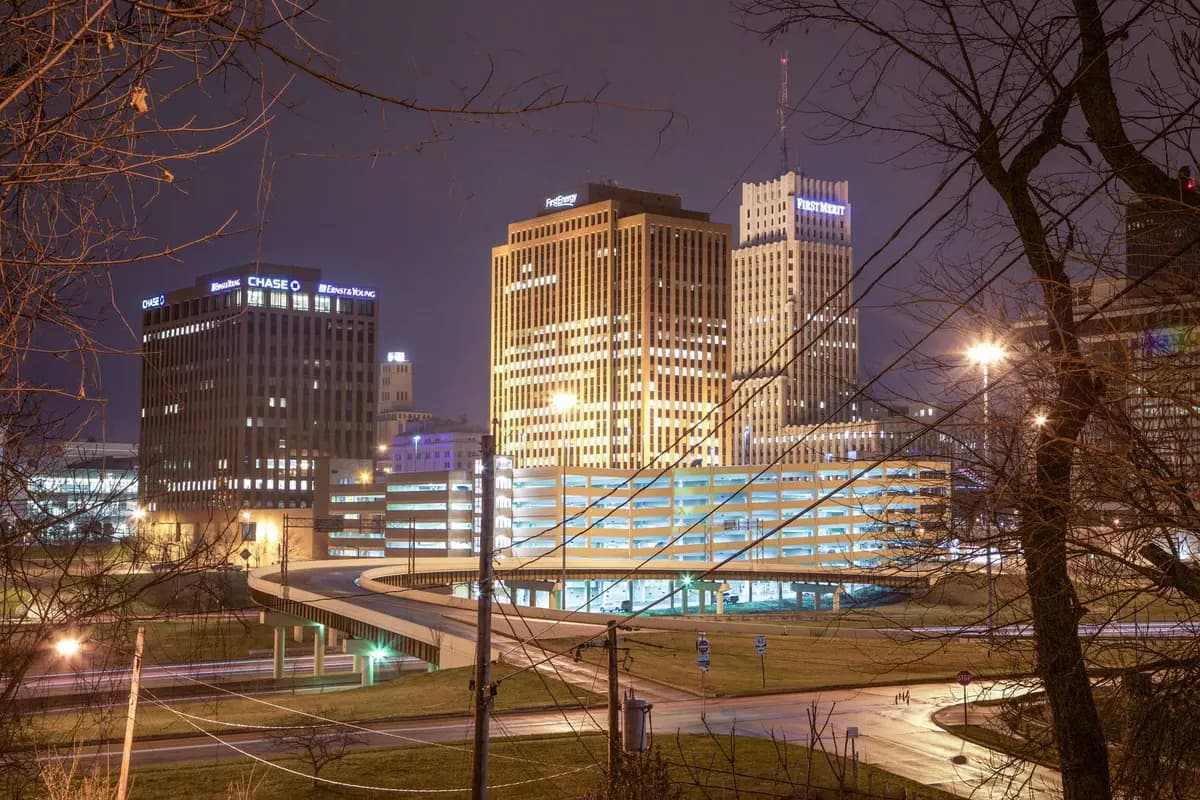 Akron, Ohio skyline at night